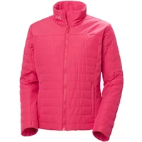 Pink women's down jacket by Helly Hansen with quilted pattern and high collar.
