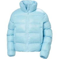 Light blue women's down jacket by Helly Hansen with high collar and quilted design.