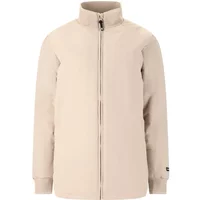 Beige women's down jacket with high collar, front zipper, and long sleeves by Weather Report Cassidy Light.