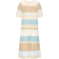 Beige, white, and blue striped women's dress with short sleeves and lace detailing by Atelier Rêve Iralice.