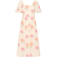 Cream Atelier Rêve Irdodo women's dress with pink and orange floral print, short sleeves, and a scoop neckline.