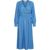 Blue long-sleeve wrap dress by Atelier Rêve Irlowly, featuring a belted waist and subtle textured pattern.