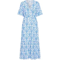 Blue and white patterned women's dress by b.Young, featuring short sleeves and a V-neckline.