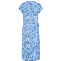 Blue and white patterned women's dress by b.young, short-sleeved with a V-neck and knee-length design.
