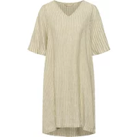Beige striped women's dress CULTURE Aniela with short sleeves and a V-neckline.