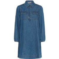 Blue denim women's dress with long sleeves, buttoned chest pockets, and a collared neckline.