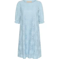 Light blue women's dress with floral lace pattern, elbow-length sleeves, and a knee-length A-line silhouette.