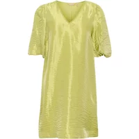 Lime green CULTURE CUAdrielle women's dress with V-neck and short puff sleeves.