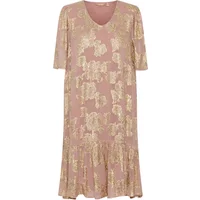 Pink CULTURE CUFloi women's dress with gold floral pattern, V-neck, short sleeves, and ruffled hem.