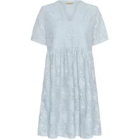 Light blue women's dress with short sleeves, V-neck, and intricate lace pattern, by CULTURE CUHenriette Olu.