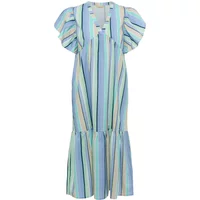 Striped blue and green CULTURE CUMola women's dress with ruffled sleeves and a flared hem.
