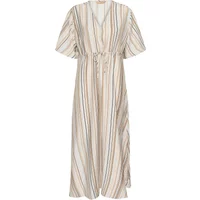 Striped women's dress CULTURE CUPella, beige with vertical lines, short sleeves, V-neck, and waist tie.