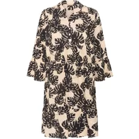 Beige women's dress CULTURE Debora with black leaf pattern and three-quarter bell sleeves.