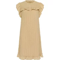 Beige women's dress CULTURE Elora with ruffled short sleeves and hem, knee-length, round neckline.
