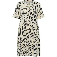 Black and white abstract patterned short-sleeve women's dress with a loose fit and round neckline.
