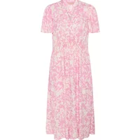 Pink floral short-sleeve midi dress with button-up front and collar, by CULTURE Jenny.
