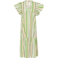 Green and white striped women's dress with ruffled short sleeves and a tiered skirt.