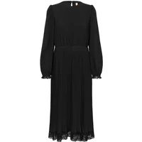 Black long-sleeve CULTURE Rosa dress with cinched waist, lace trim, and flowing skirt.