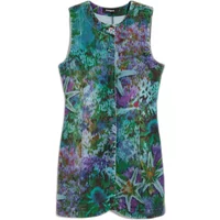 Sleeveless Desigual dress with vibrant floral pattern in green, purple, and blue tones, featuring a round neckline.