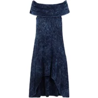 Navy blue Desigual Klint dress with off-shoulder design, abstract pattern, and asymmetrical hemline.