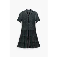 Black and white striped Desigual Tampa women's dress with short sleeves, a zipper neckline, and tiered skirt.