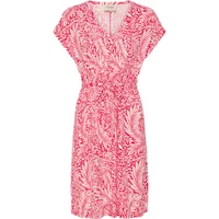 Red and white floral women's dress by fransa, short sleeves, V-neck, cinched waist, knee-length.