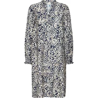 Navy and white patterned women's dress with long sleeves and a V-neckline.
