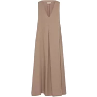 Sleeveless beige women's dress by fransa, featuring a V-neck and flowing A-line silhouette.
