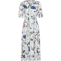 White fransa Laya 1 women's dress with floral print, short sleeves, and a fitted waist.