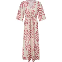 Cream women's dress by fransa Ramani with pink leaf pattern, V-neck, and short sleeves.