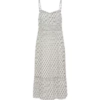 Sleeveless women's dress by fransa Voila 1, featuring a white base with a delicate gray geometric pattern.