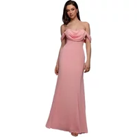 Pink chiffon Bardot cowl dress by Goddiva, off-shoulder design with draped neckline and floor-length skirt.