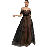 Black Goddiva Dobby Mesh Princess dress with off-shoulder design and flowing tulle skirt.