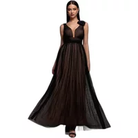 Black Goddiva Dobby women's dress with deep V-neck, sleeveless design, and flowing pleated skirt.