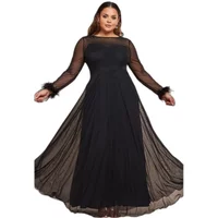 Black Goddiva Feather women's dress with sheer long sleeves and feather cuffs, flowing A-line skirt.