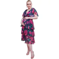 Maternity dress by Goddiva, layered floral design, deep V-neck, short sleeves, pink flowers on navy fabric.