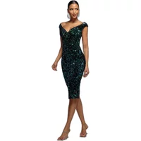 Women's dress, off-the-shoulder Bardot style, with multi-colored sequins and velvet fabric, knee-length.