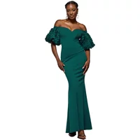 Goddiva off-the-shoulder 3D maxi dress in teal with ruffled sleeves and fitted silhouette.