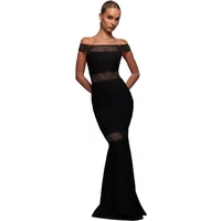 Black off-the-shoulder ribbed maxi dress with mesh panels and fitted silhouette by Goddiva.