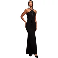 Black Goddiva Racer Neck Corsage Scuba Maxi dress with fitted silhouette and floral corsage detail.
