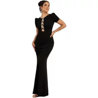 Black Goddiva Scuba Maxi dress with short puff sleeves and decorative front cutouts.
