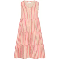 Sleeveless Ichi Foxa dress with pink vertical stripes, tiered skirt, and round neckline.