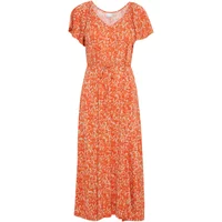 Orange floral Ichi IHAya Dr4 women's dress with short sleeves and a V-neckline.