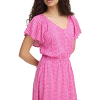 Pink Ichi IHAya Dr9 women's dress with short flutter sleeves, V-neck, and cinched waist.