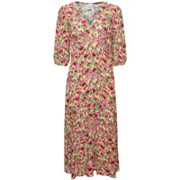 Floral women's dress Ichi IHEnora Dr2 with V-neck, short puff sleeves, and knee-length hem.