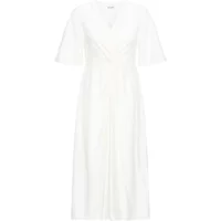 White Ichi IHImelda women's dress with V-neck, short flutter sleeves, and a flowing midi-length silhouette.
