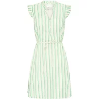 Green and white striped women's dress by Ichi IHJovil, with short ruffled sleeves and a belted waist.