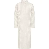 White Ichi IHJule women's dress with vertical stripes, long sleeves, and button-down front.