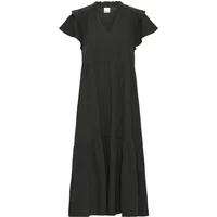 Black Ichi IHLifana women's dress with short flutter sleeves and a V-neckline, featuring a tiered, flowing skirt.