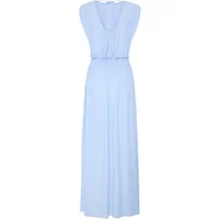 Light blue sleeveless women's dress by Ichi, featuring a V-neck and a belted waist with a flowing, pleated skirt.